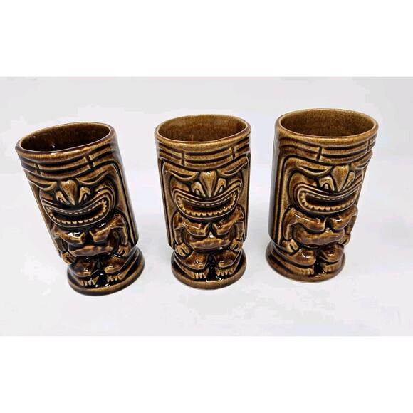 Vintage Hawaii Mugs Tiki Leilani Brown Glazed Pottery Mugs Set of 3 MCM 1970s US - Picture 1 of 8
